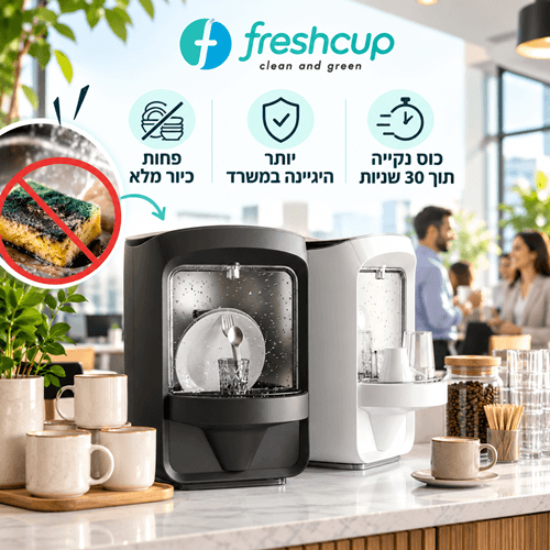 כלים מלוכלכים במשרד פרשקאפ מנקה תוך 30 שניות